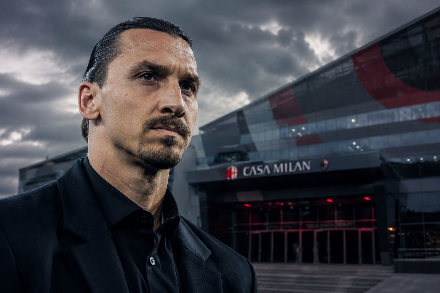 Zlatan Ibrahimovic in primo piano con espressione seria, sullo sfondo il logo del Milan e un’atmosfera di tensione societaria.
